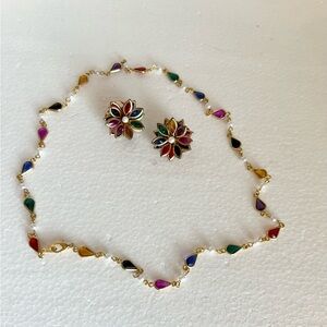 Vintage Multi Color Reverse Set Navette Stone Flower Earrings & Necklace Crystal